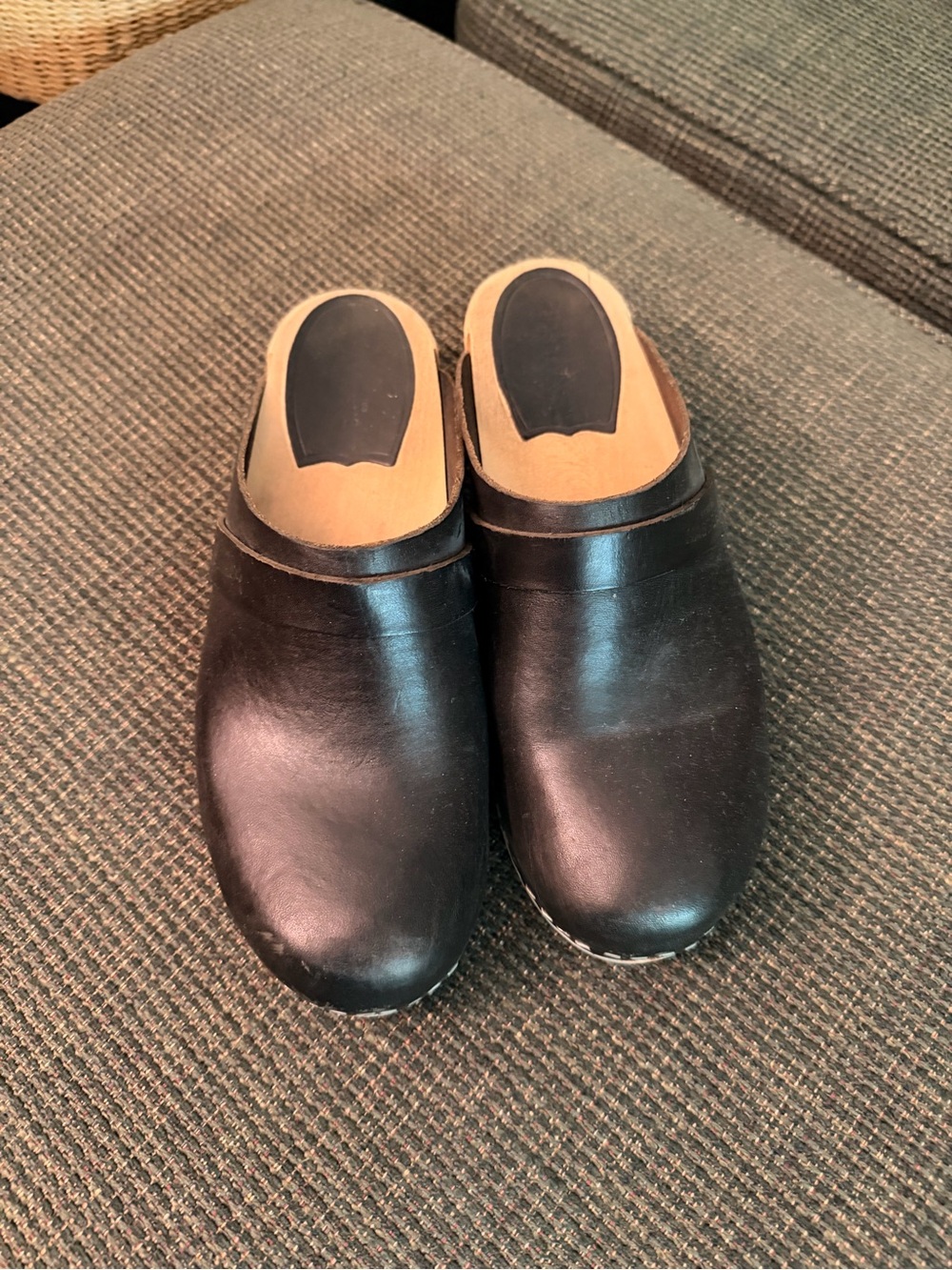 Swedish Hasbeens Black Leather Slip-On Clog